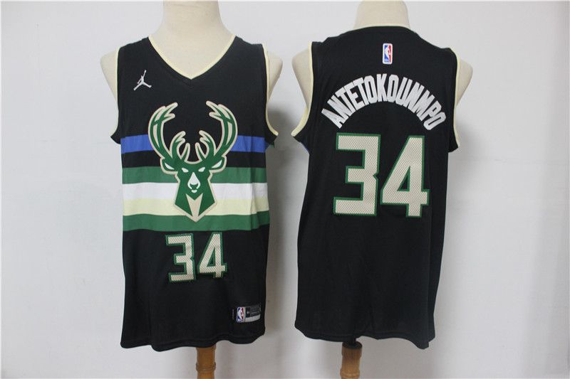 Men Milwaukee Bucks #34 Antetokounmpo Black With Jordan logo Game 2021 NBA Jerseys